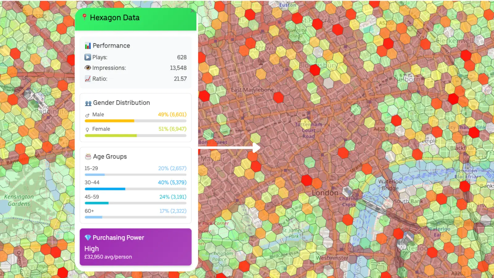 Ad|MOTO UK heatmap of ad plays and audience estimates by area